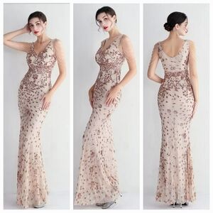 Gold, Floral Print,  V Neck,  Beaded Draped Sleeves,  Contrast Sequined Gown